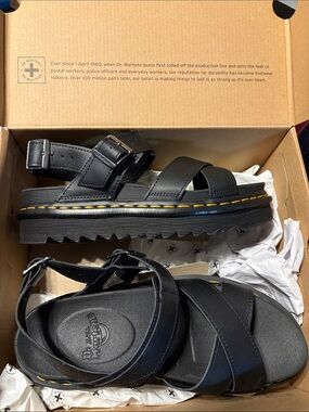 Dr. Martens Black Leather Chunky Platform Sandals with Yellow Stitching